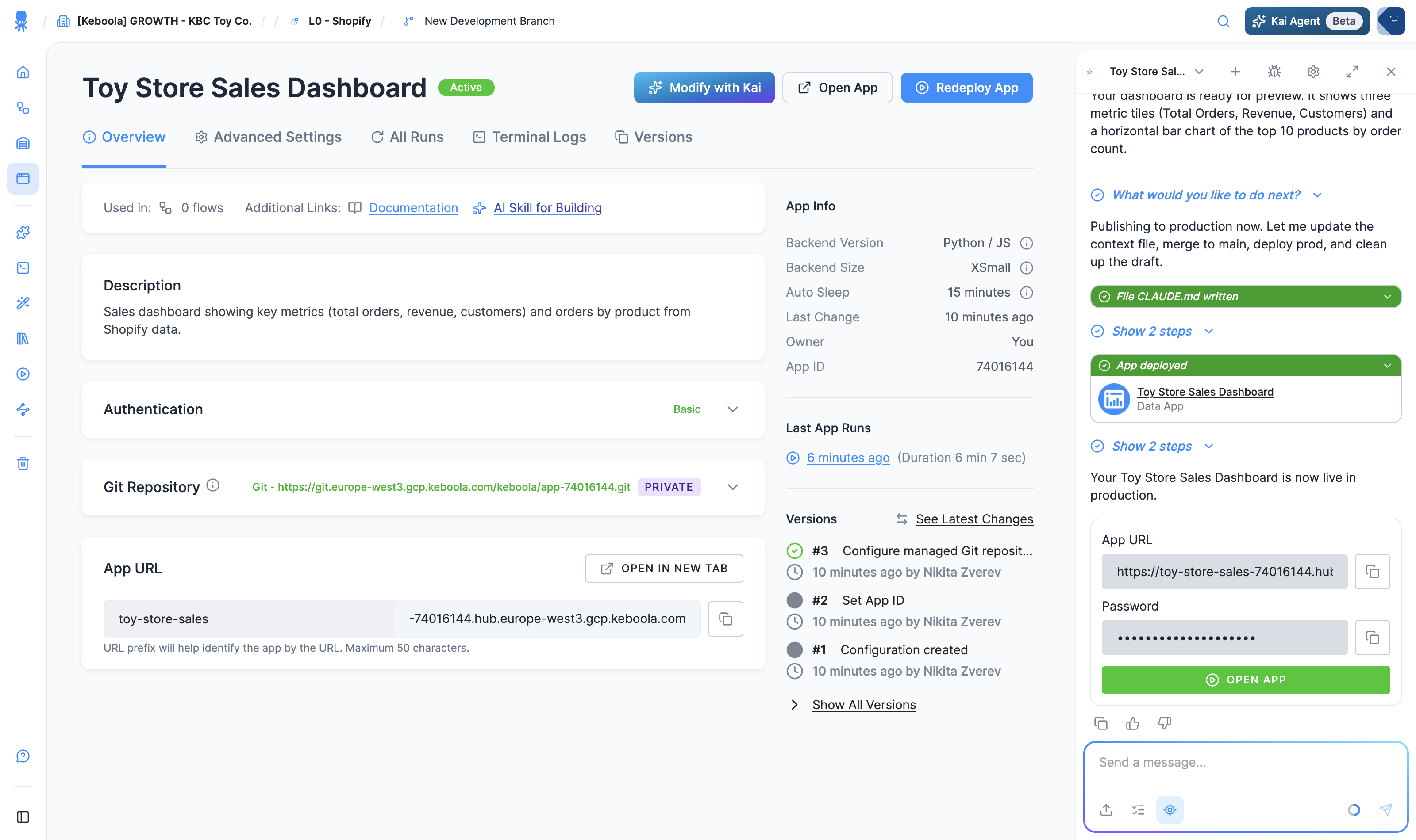 A Python/JS app's configuration page: the Overview tab with Authentication and a Git Repository section, and an App Info panel showing the Python / JS backend, size, and auto-sleep
